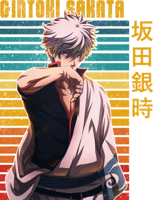Hình ảnh Gintoki Sakata, nhân vật anime với mái tóc bạc, mặc trang phục truyền thống, trên nền sọc ngang màu retro.