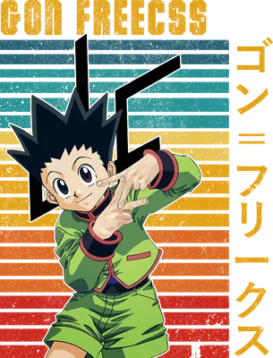 Hình ảnh nhân vật Gon Freecss trong anime Hunter x Hunter, mặc trang phục xanh lá, tạo dáng hai ngón tay chữ V.