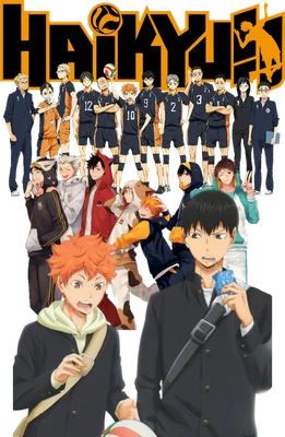 Nhóm nhân vật anime Haikyuu!! đội Karasuno đứng cùng nhau, có logo Haikyuu!! phía trên.