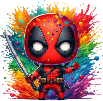 Hình ảnh chibi Deadpool trong bộ đồ đỏ đen, cầm kiếm katana, đứng trước nền hiệu ứng màu sơn bắn tung tóe rực rỡ.