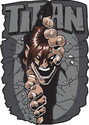 Hình ảnh nhân vật Titan đáng sợ với hàm răng nhọn, mắt trắng, đang phá vỡ bức tường đá.