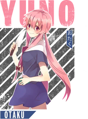Hình ảnh Yuno Gasai, nhân vật anime tóc hồng cầm dao, cười bí ẩn, có chữ Yuno và Otaku.