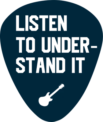 Hình pick đàn guitar với dòng chữ 'LISTEN TO UNDERSTAND IT' và biểu tượng cây đàn guitar.