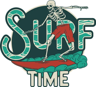 Hình minh họa bộ xương đang lướt sóng trên ván màu đỏ, với chữ 'SURF TIME' lớn màu xanh ngọc và trắng, phong cách retro.