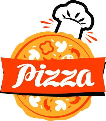 Logo pizza hoạt hình với đầu bếp đội mũ, chữ Pizza nổi bật trên dải băng cam.