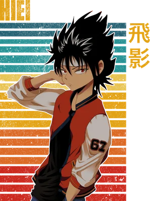 Hình ảnh nhân vật anime Hiei với mái tóc đen, mắt đỏ, mặc áo khoác bomber retro, trên nền sọc ngang nhiều màu.