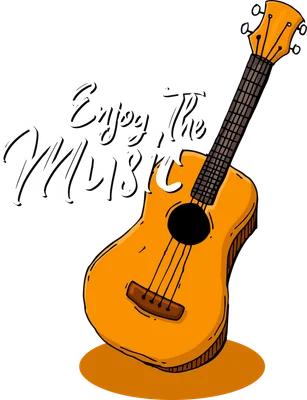 Hình minh họa đàn ukulele màu cam với chữ "Enjoy The Music" màu trắng trên nền xám.