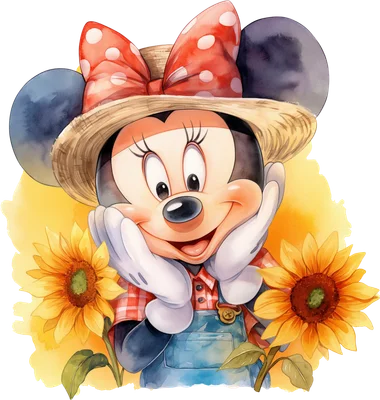Hình ảnh Minnie Mouse hoạt hình phong cách màu nước, đội nón rơm, mặc yếm bò, tươi cười rạng rỡ giữa những bông hướng dương.