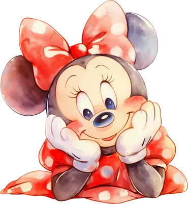 Hình ảnh Minnie Mouse hoạt hình dễ thương với nơ chấm bi đỏ, phong cách màu nước, đang tựa cằm mỉm cười.