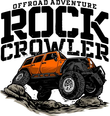Hình minh họa xe địa hình màu cam đang leo đá, với chữ 'OFFROAD ADVENTURE ROCK CRAWLER' màu đen trên nền xám.