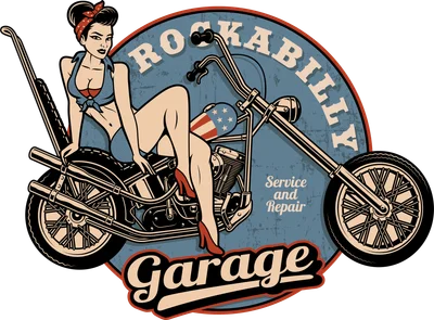 Hình minh họa cô gái pin-up ngồi trên xe mô tô cổ điển phong cách retro rockabilly garage