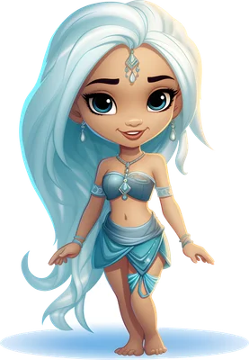 Hình minh họa cô gái chibi tóc xanh dài, mắt to, mặc trang phục công chúa Ả Rập màu xanh ngọc, đứng trên nền xám.