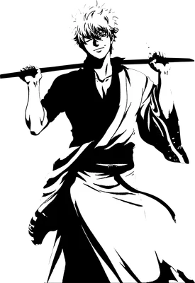 Hình vẽ nhân vật anime Gintoki Sakata với mái tóc trắng, cầm kiếm, phong cách đồ họa đen trắng.