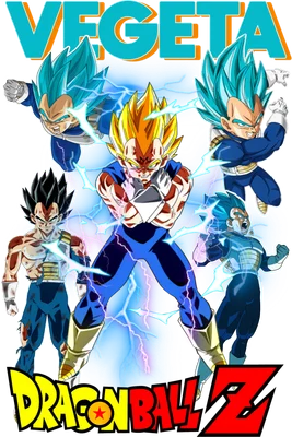 Hình ảnh Vegeta với nhiều dạng biến hình và tia sét, logo Dragon Ball Z.