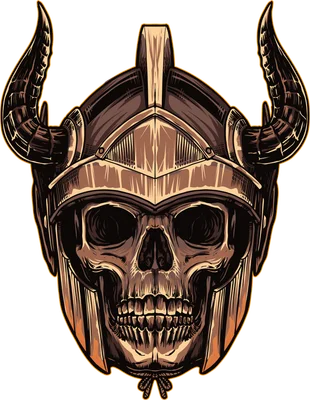 Hình ảnh đầu lâu chiến binh Viking đội mũ giáp có sừng, phong cách vẽ minh họa.