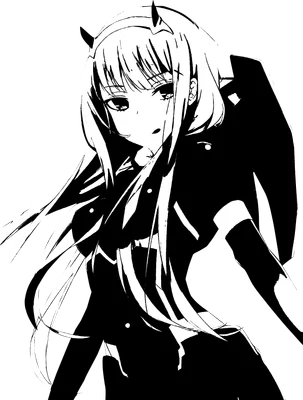 Hình ảnh Zero Two, nhân vật anime Darling in the Franxx, với mái tóc dài và sừng đặc trưng, phong cách đen trắng.
