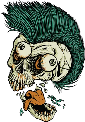 Hình minh họa đầu lâu với mái tóc punk xanh lá cây, đôi mắt lồi ra ngoài và lưỡi thè lè, trên nền xám.