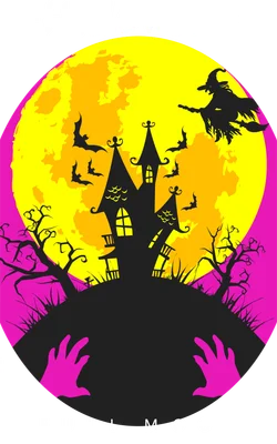Hình ảnh ngôi nhà ma ám với phù thủy bay trên trăng tròn và dơi trong đêm Halloween.
