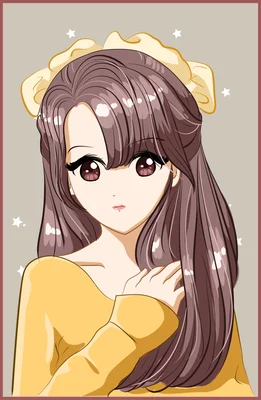 Minh họa cô gái anime tóc nâu dài với áo vàng phong cách dễ thương