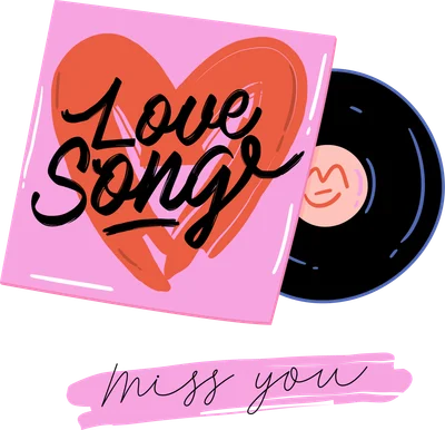 Hình minh họa bìa đĩa than màu hồng có chữ Love Song, đĩa nhạc vinyl đen và thông điệp miss you