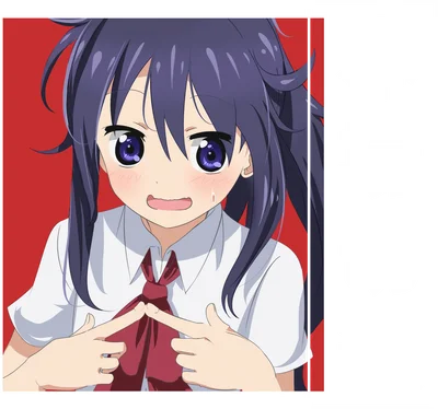 Hình ảnh cô gái anime tóc tím buộc hai bím, mặc áo sơ mi trắng, cà vạt đỏ, biểu cảm ngại ngùng, hai tay chụm vào nhau.
