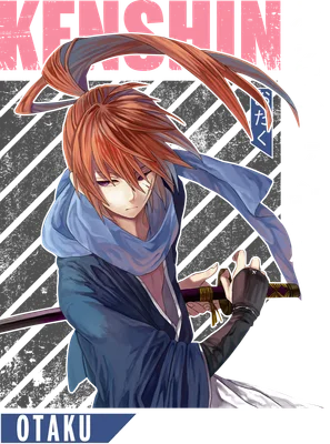 Hình ảnh Kenshin Himura, nhân vật anime với tóc đỏ buộc cao, quàng khăn xanh, cầm kiếm