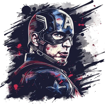 Hình minh họa Captain America trong trang phục siêu anh hùng, với hiệu ứng màu nước và vết mực bắn tung tóe trên nền xám.