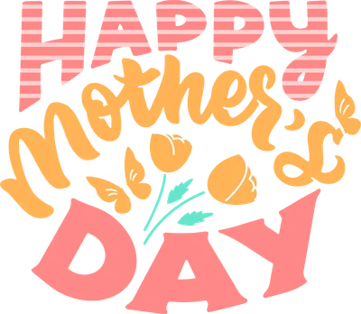 Thiết kế chữ 'Happy Mother's Day' với hoa tulip màu cam và bướm màu vàng trên nền xám.