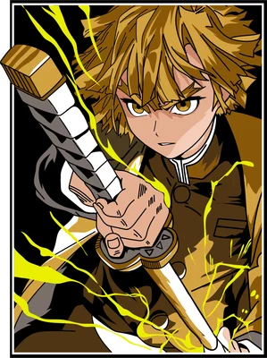 Hình ảnh Zenitsu Agatsuma từ anime, cầm kiếm và tạo ra tia sét vàng, phong cách anime.