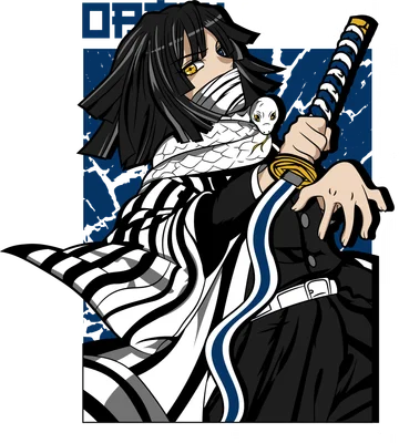 Hình vẽ nhân vật Obanai Iguro từ anime Demon Slayer, cầm kiếm, có rắn quấn quanh, phong cách anime.