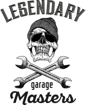 Hình in đầu lâu đội mũ len, hai cờ lê bắt chéo, chữ 'garage Masters' bên dưới.
