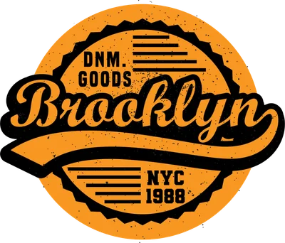 Logo Brooklyn phong cách vintage màu cam và đen, có chữ 'DNM. GOODS' và 'NYC 1988' trên nền tròn, hiệu ứng bụi bặm.