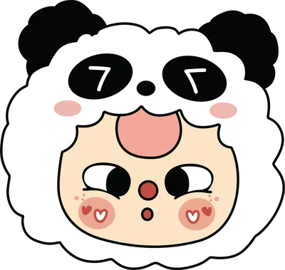 Hình vẽ chibi cô bé đội mũ gấu trúc màu trắng đen, má hồng có hình trái tim, lưỡi thè ra vẻ tinh nghịch trên nền xám.
