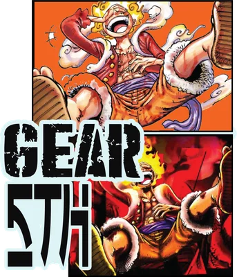 Hình ảnh Monkey D. Luffy trong trạng thái Gear 5, biểu cảm vui vẻ, với hiệu ứng khói và lửa.