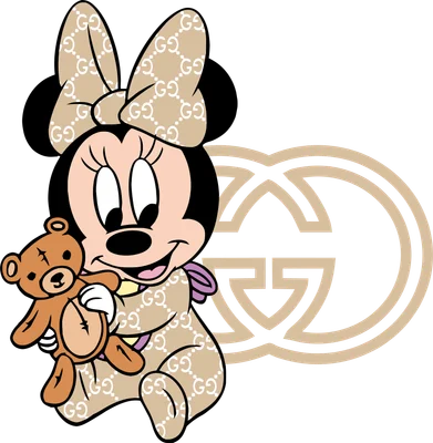 Hình ảnh Minnie Mouse phiên bản em bé, ôm gấu bông, mặc trang phục có họa tiết GG của Gucci, nền xám có logo Gucci lớn.