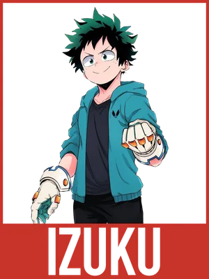 Nhân vật anime Izuku Midoriya mặc áo khoác xanh, găng tay anh hùng, nhìn về phía trước với nụ cười.