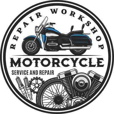 Logo tròn tiệm sửa xe mô tô với hình xe máy, động cơ, bugi và chữ 'Motorcycle Service and Repair'.
