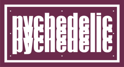 Thiết kế chữ "psychedelic" lặp lại theo chiều dọc, màu xám trên nền tím đậm, viền vuông.