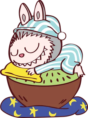 Hình vẽ hoạt hình một con vật dễ thương đội mũ ngủ sọc xanh, đang ngủ say trên lát kiwi và chanh, dưới gối sao trăng.