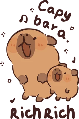Hình vẽ hoạt hình hai chú Capybara mẹ con màu nâu cam đang hát, có nốt nhạc và chữ 'Capybara. Rich Rich' trên nền xám.