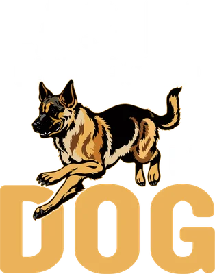 Hình minh họa chó Becgie Đức đang chạy với dòng chữ 'EASILY DISTRACTED BY DOG' trên nền xám, phong cách hoạt hình.