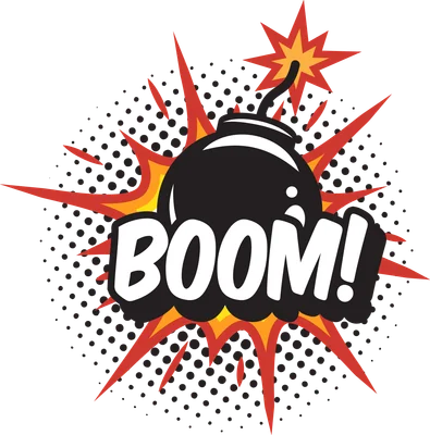 Hình ảnh quả bom truyện tranh với chữ BOOM! nổ tung trên nền xám.