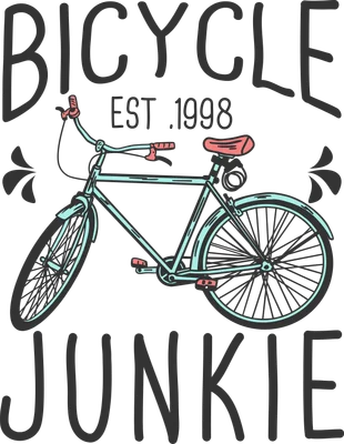 Hình minh họa xe đạp cổ điển màu xanh ngọc, yên hồng, với dòng chữ 'BICYCLE EST .1998 JUNKIE' trên nền xám.