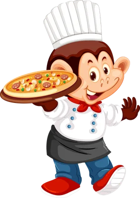 Hình ảnh hoạt hình chú khỉ đội mũ bếp, mặc tạp dề, cầm một chiếc pizza nóng hổi trên tay.