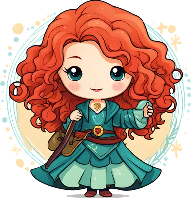 Hình ảnh chibi công chúa Merida tóc đỏ xoăn, mắt to, mặc váy xanh ngọc, cầm cung tên, trên nền vòng tròn vàng nhạt.