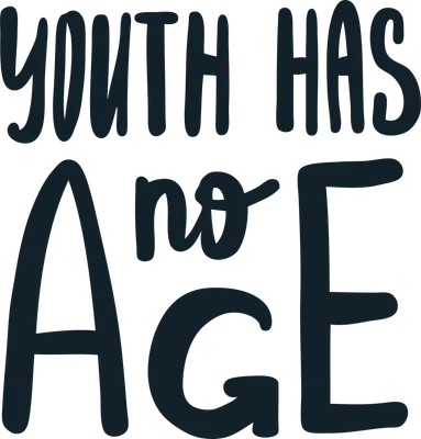 Hình ảnh chữ "YOUTH HAS NO AGE" với font chữ dày, màu xanh đậm trên nền xám.