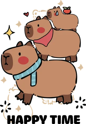 Hình minh họa ba chú chuột lang nước Capybara hoạt hình dễ thương xếp chồng lên nhau, có chữ Happy Time.