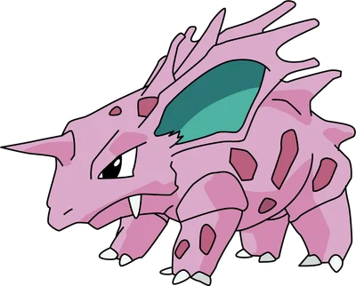 Hình ảnh Nidorino Pokémon màu hồng với sừng, gai và tai lớn, phong cách hoạt hình, trên nền xám.