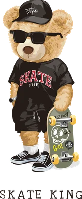 Hình ảnh gấu Teddy đội mũ lưỡi trai đen, đeo kính râm, mặc áo phông đen in chữ 'SKATE TIME' và quần short, tay cầm ván trượt có hình đầu lâu.