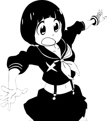 Hình vẽ cô gái anime mặc đồng phục thủy thủ, tóc ngắn, mắt to tròn biểu cảm ngạc nhiên, tay đưa ra phía trước.